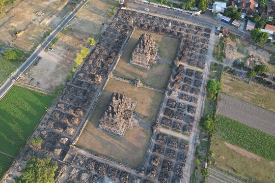 aerial view of Candi Plaosan in near candi Prambanan. Plaosan Temple is a Buddhist temple left by Rakai Pikatan from the Hindu Mataram kingdom, is estimated to have been built in the 9th century AD