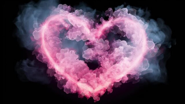 A heart shaped cloud of smoke floating on a stark black background