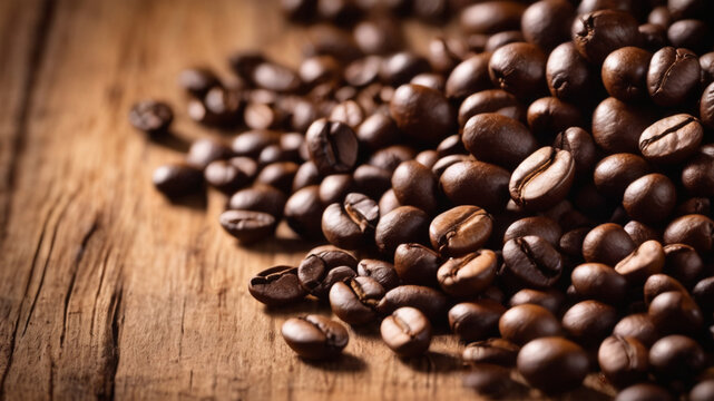 Roasted coffee beans close - up-fragrant background. Brown arabica coffee beans are scattered on the wooden table. 