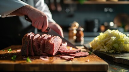 Chef cutting roast beef on a wooden board in a kitchen