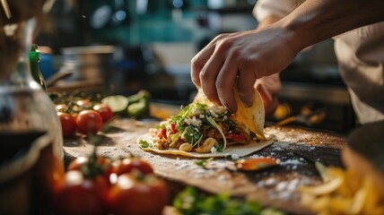 Chef assembling a taco with fresh ingredients - obrazy, fototapety, plakaty