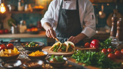 Chef garnishing tacos in a kitchen - obrazy, fototapety, plakaty