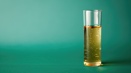 A tall glass vial with golden biodiesel against a teal background