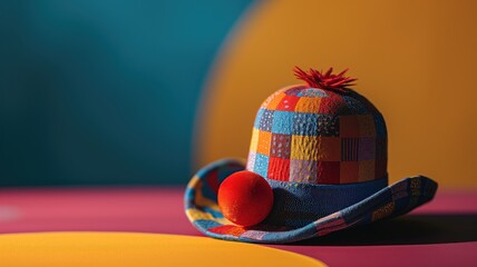 Patchwork clown hat with a red nose