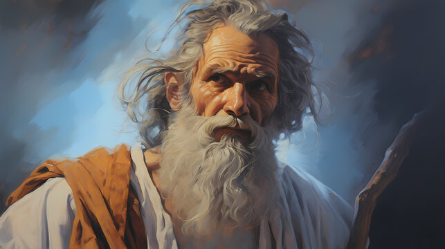 Moses in white and brown robe holding staff portrait dark blue sky beard 