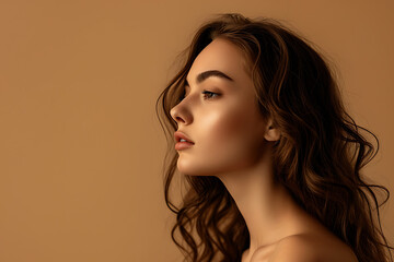 Portrait Skincare concept of young beautiful woman with glowing skin isolated on beige background