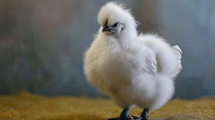 Fluffy silkie chicken is small, fluffy feathers like soft clouds, distinct black skin, gentle demeanor, and dark, expressive eyes, resembling a walking puffball. - obrazy, fototapety, plakaty