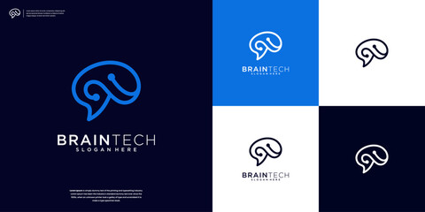 Brain digital technology simple line logo design template