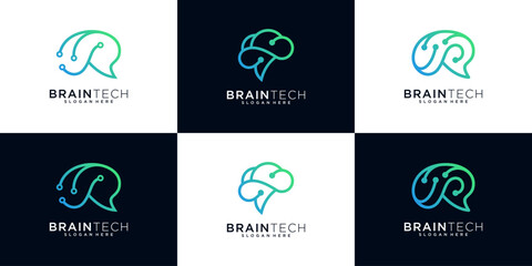 Set of human brain tech logo design template. Logo for high innovation, learning, ai, medical research, future technology development.