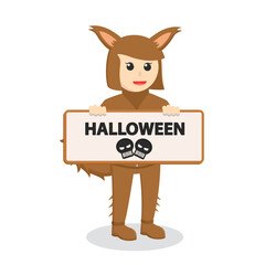 Obraz premium woman With Werewolf Costume holding sign halloween