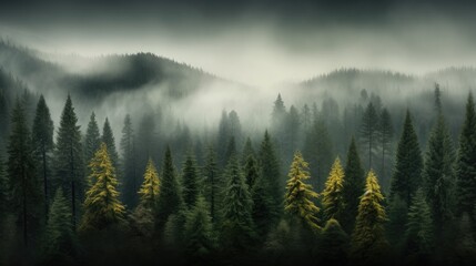 Overview of mist-draped woods with tall trees, bird's-eye view of foggy woodland with pine trees in the mountains in dark green tones