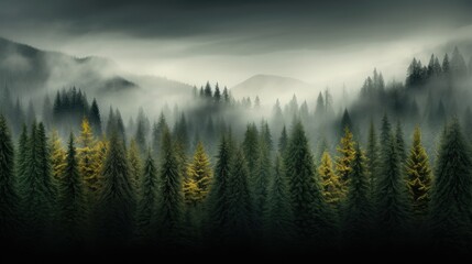 Naklejka na ściany i meble Glimpse of dense foggy woodland with towering trees, aerial perspective of foggy forest with pine trees in the mountains in deep green shades