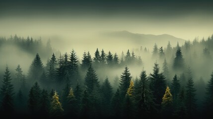 Sight of mist-laden woods with towering trees, panoramic aerial scene of foggy woodland with pine trees in the mountains in deep green shades