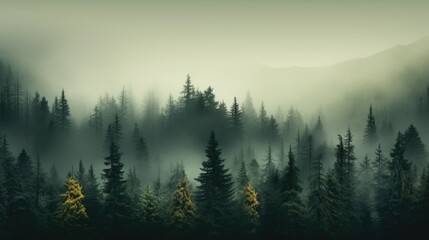 Observation of fog-enveloped forest with tall trees, overhead display of misty woods with pine trees in the mountains in dark green tones