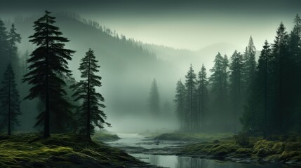 Panorama of the river in the middle of a dense misty forest with towering trees. Mystical view of the river with a misty forest