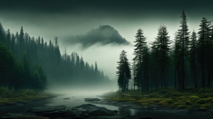 Fototapeta na wymiar Vview of the waterway amidst a thick fog-covered woodland with tall trees. Enchanting scene of the river surrounded by misty forest