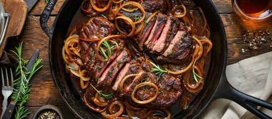 Top view of Filipino dry aged angus bistek tagalog steak with onion rings in soy sauce in a cast-iron casserole. - obrazy, fototapety, plakaty