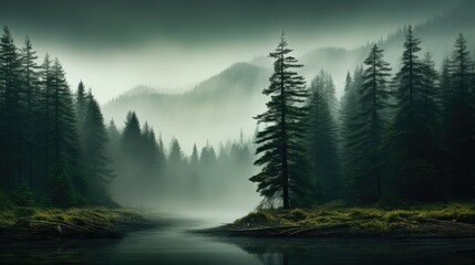 View of the river in the heart of a fog-shrouded woodland with towering trees. Magical perspective of the river in the misty forest