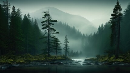 Observation of the watercourse in the midst of a fog-draped woodland with towering trees. Mysterious scene of the river in the misty forest