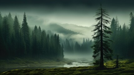 Overview of the flowing river in the middle of a dense misty forest with towering trees. Magical perspective of the river in the misty forest