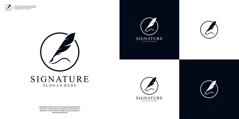 Creative quill signature logo design with minimalist feather ink Premium logo design inspiration - obrazy, fototapety, plakaty