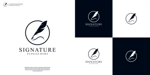 Fotobehang Creative quill signature logo design with minimalist feather ink Premium logo design inspiration © pardiJP