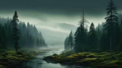 Display of the river in the midst of a fog-blanketed forest with tall trees. Enchanting view of the river with misty woodland surroundings