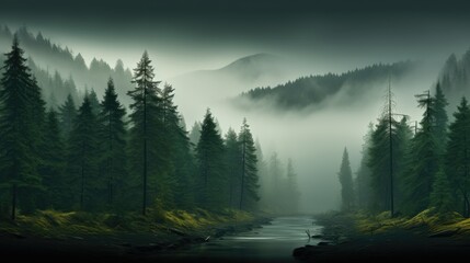 Fototapeta na wymiar View of the river in the heart of a fog-shrouded woodland with towering trees. Magical perspective of the river in the misty forest