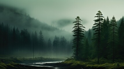 Landscape of the river flowing through a misty forest with tall trees. Otherworldly sight of the river in the misty woodland