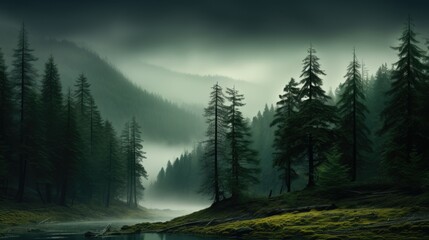 Fototapeta na wymiar Sight of the river winding through a dense fog-covered forest with tall trees. Enchanting view of the river with misty woodland surroundings