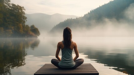 Behind the Young woman doing Yoga and the morning lake background  - obrazy, fototapety, plakaty