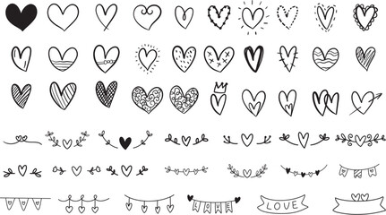 Heart doodles set. Hand drawn hearts collection for valentine day, love, marriage. love sign, flower wreath, heart wreath, flowers, leaves element Romance and love illustrations