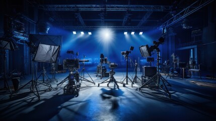 Filming studio, Professional cameras, Lighting equipment, Film crew, 