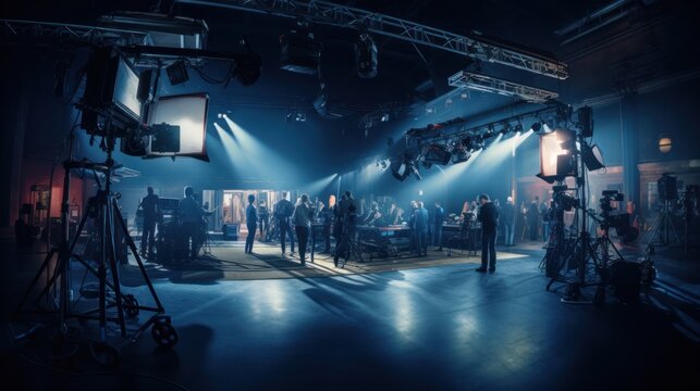 Filming studio, Professional cameras, Lighting equipment, Film crew, 
