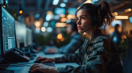 Portrait of a girl working in call center - obrazy, fototapety, plakaty