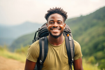 Smiling african american man with backpack on the trail in mountains