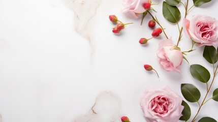 Fototapeta na wymiar top-view shot of a white marble background with scattered blush pink roses 