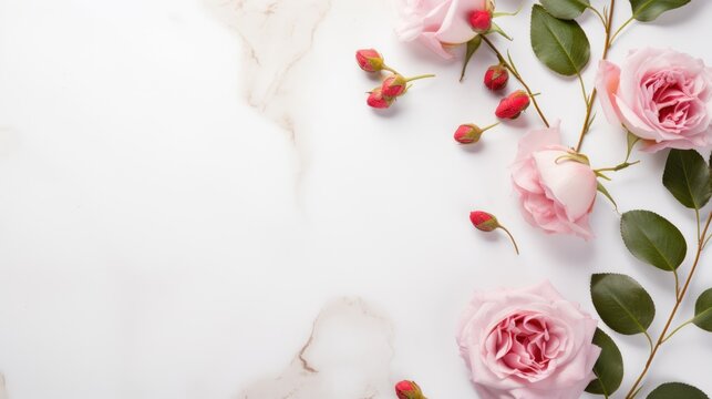 top-view shot of a white marble background with scattered blush pink roses 