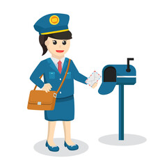 postman woman put mail in mailbox design character on white background