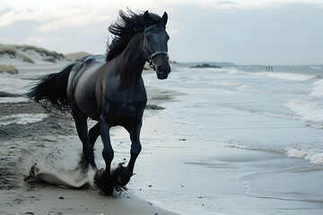 A black horse running on a beach