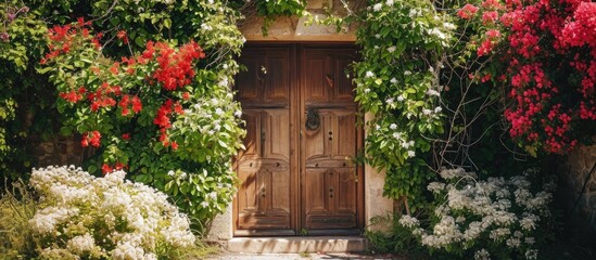 Wood door surrounded by ivy, red mandevilla, and white hydrangea flowers. - obrazy, fototapety, plakaty