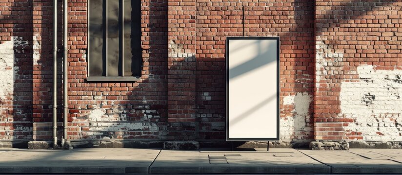 Side View Of A White Pylon Stand With A Brick Building, An Empty Advertising Tower For Commercial Information. Template For Advertising With A Clear Rectangular Monitor Or Light Box.