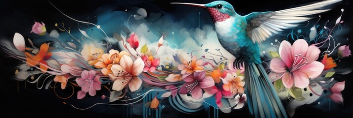 Obraz na płótnie Canvas beautiful colourful hummingbird with pink flower bunch