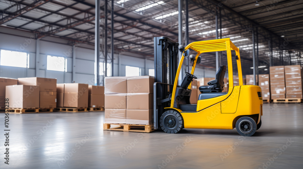 Poster operational yellow forklift loading pallets in a warehouse. distribution center activity. generative