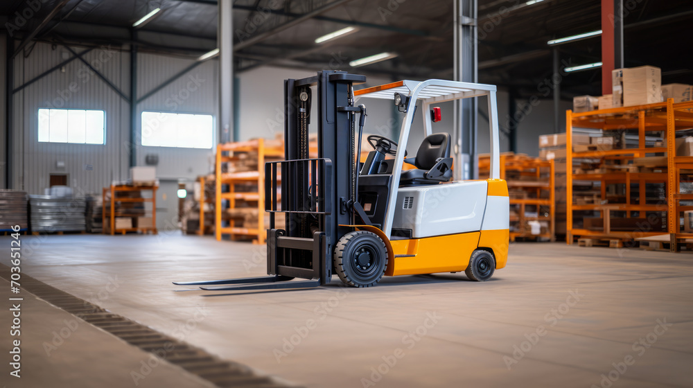 Poster forklift in a warehouse with sun rays shining through windows. logistic concept. generative ai