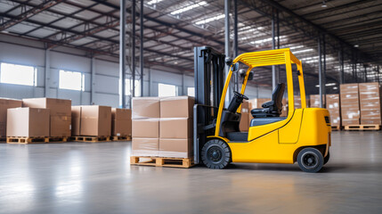 Operational yellow forklift loading pallets in a warehouse. Distribution center activity. Generative AI