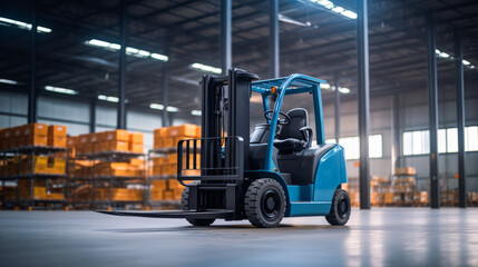 Blue forklift parked in industrial warehouse with pallets. Warehouse concept. Generative AI - obrazy, fototapety, plakaty