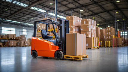 Orange forklift carrying pallet in a well-lit warehouse environment. Industrial logistics concept. Generative AI