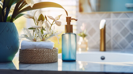 Obraz na płótnie Canvas Chic bathroom setting with blue glass soap dispenser and fresh white flowers. Wellness and luxury concept. Generative AI