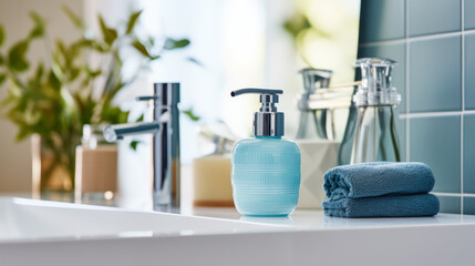 Contemporary bathroom accessories set against a tiled background. Modern design. Generative AI
